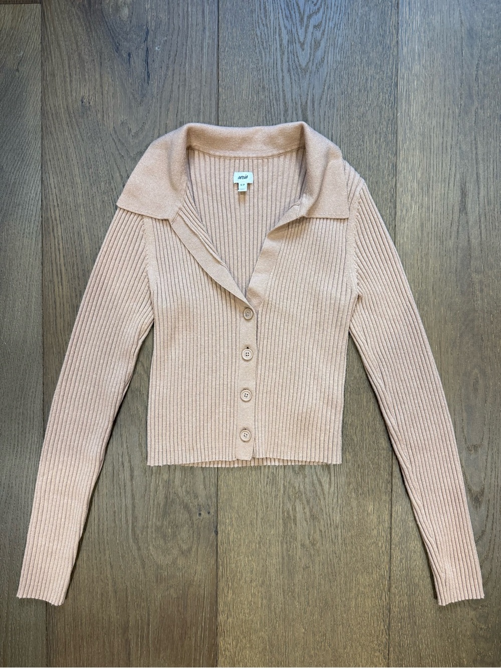 Aerie Ribbed Collared Cropped Cardigan Sweater - Light Brown / Tan